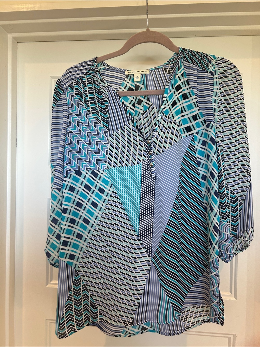 Banana Republic Teal and Blue Mixed-Print V-Neck Blouse